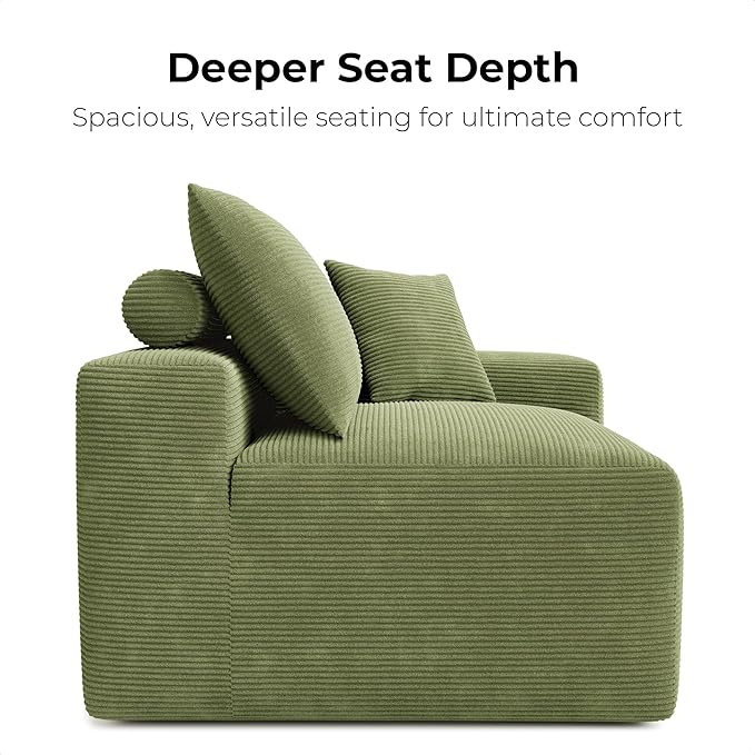 LIKIMIO 120" Modern L-Shaped Modular Sectional Sofa for Living Room, Corduroy Upholstery Green, Oversized 3-Seater Couch with Deep Seat and Movable Ottoman – No Assembly