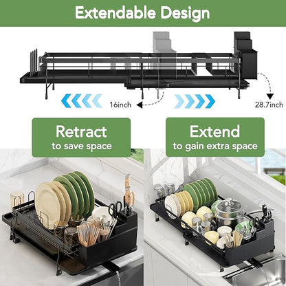 ROTTOGOON Expandable Dish Drying Rack,Multifunctional Adjustable Dish Drainer with Swivel Spout and Anti-Rust Dish Rack with Removable Cutlery & Cup Holders for Kitchen Counter,Black