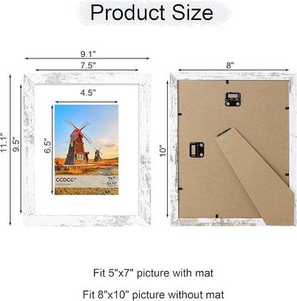 8x10 Picture Frame Set of 4, 8 x 10 Wood Photo Frames with Mat for 5x7, Rustic Natural Wooden Frame with Real Glass Cover for Wall and Tabletop Display,Distressed White