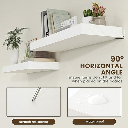 Deep Floating Shelves, 12'' Deep Rustic Large Floating Shelves Set of 2, White Shelves for Wall 36 Inches Long, Wood Shelves for Living Room Laundry Room Bedroom Kitchen Home Office - White