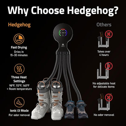 Hedgehog Octopus Portable Heavy Ski Boot Dryer for Work Boots and Shoes, Wall Mounted Fast 2 Pair Shoe Dryer Fan Dries in Minutes, Removes Sweat & Odor, Tornado Mode, Adjustable Heat, Black