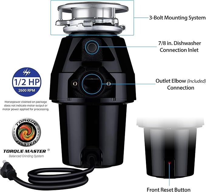 Waste Maid 10-US-WM-258-3B Garbage Disposal Anti-Jam Stainless Steel Food Waste Grinding System, 1/2 HP Mid Duty, Black