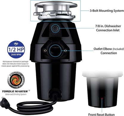 Waste Maid 10-US-WM-258-3B Garbage Disposal Anti-Jam Stainless Steel Food Waste Grinding System, 1/2 HP Mid Duty, Black