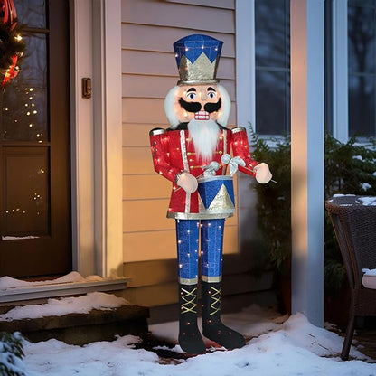 5FT Lighted Nutcracker with Drum for Christmas Decoration, Pre-Lit 3D Iridescent Soldier Xmas Decor with 100 Warm White Lights, Glittered Standing Holiday Display for Outdoor, Indoor