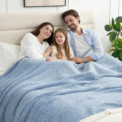 Snuggle Sac Queen Size Bed Blanket Heather Blue, Reversible Super Soft Microfiber Blankets Warm Cozy Knit Fuzzy Plush Bed Blankets, Blue, Queen 90x90