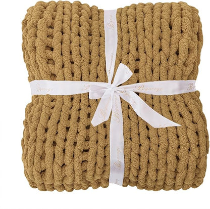 Bigacogo Chunky Knit Throw Blanket for Couch, 40x40 inches, 100% Hand Knitted with Thick Jumbo Chenille Yarn, Cozy Soft Large Rope Knot Cable Crochet Blankets for Sofa Bed Living Room, Goldenrod