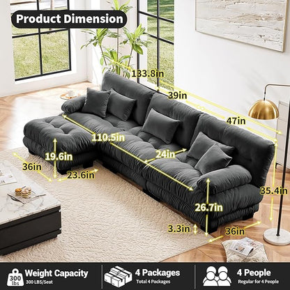L Shaped Couch Sectional Couch, 3-Seater Cloud Couch Sectional Oversized Couch, Sofa Bed Couch with Round Bolster Armrests 5 Pillows, Modular Couch Home Sofa Living Room Couch(Gray)