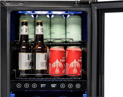 Newair 15" Wine and Beverage Refrigerator 9 Bottle and 48 Can Capacity, Beverage Cooler in Stainless Steel, Built-in or Freestanding Dual Zone Drink Fridge with Triple-Pane Glass Door