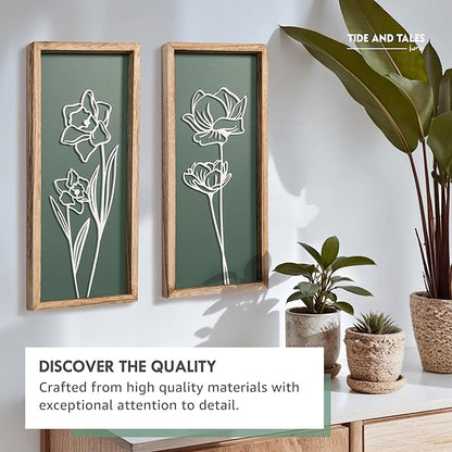 3D Floral Green Wall Art (Set of 2) Lightweight, Wooden Ready-to-Hang Boho Framed Wall Art for Bathroom, Bedroom, Living Room or Office – Premium Sage Green Farmhouse Decor – Gift-Boxed