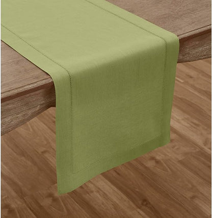 Solino Home Linen Moss Green Table Runner 132 Inches Long - 100% Pure Linen Extra Long Table Runner 14 x 132 Inch for Fall, Autumn, Thanksgiving - Classic Hemstitch