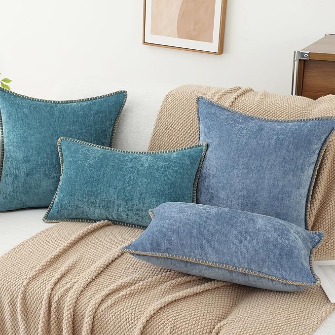 decorUhome Chenille Soft Throw Pillow Covers 18x18 Set of 2, Farmhouse Velvet Neutral Decorative Euro Pillow Covers with Stitched Edge for Couch Sofa Bed Home Decor, Blue