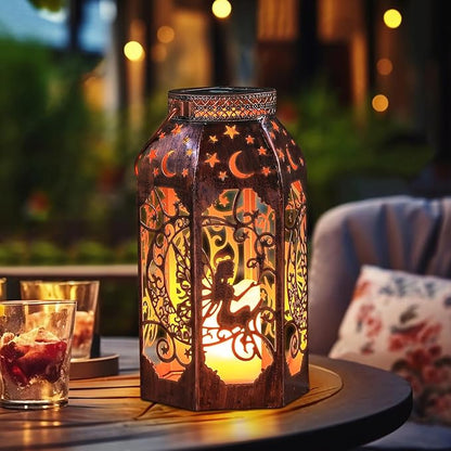 Solar Lanterns Outdoor Hanging Metal Bronze Moon Fairy Lantern, 1 Pack Waterproof Flickering Flameless Candle Mission Lights for Table,Pathway,Garden Gifts for Women, Mothers' Day Gift