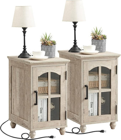 Narrow Side Table Set of 2,Farmhouse Nightstand with Charging Station,End Table with Glass Barn Door Storage, Cabinet Organizer with Adjustable Shelf, Night Stand for Small Spaces Living Room Bedroom