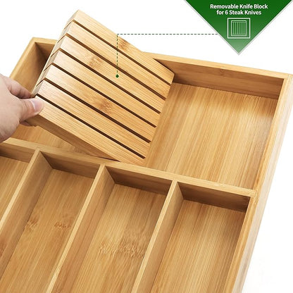 VaeFae Bamboo Silverware Organizer (Non-expandable), Utensil Holder for Drawer, Wooden Cutlery Tray with Divider for Kitchen Drawer, Utensil Organizer with Knife Block