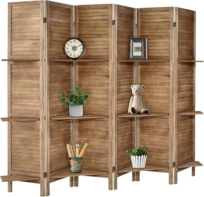 Room Divider with Shelves, Privacy Screen, Room Dividers and Folding Privacy Screens, 6 Panel Wood Temporary Wall Partition Separation Separator, Brown