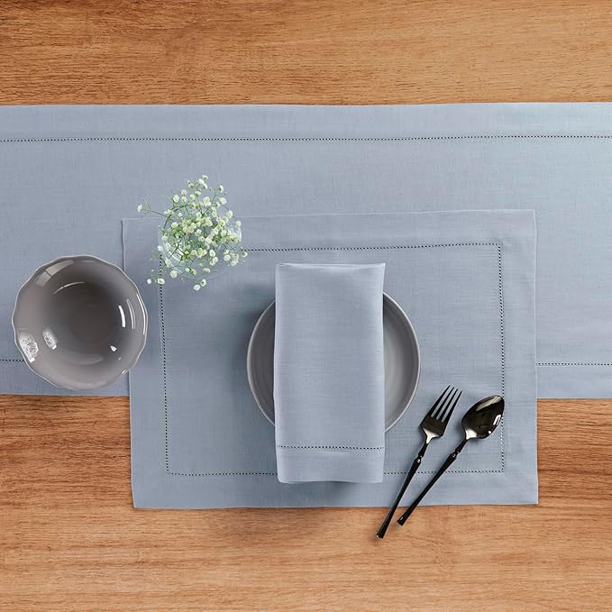 Solino Home Linen Dusty Blue Table Runner 36 Inches - Classic Hemstitch, 100% Pure Linen Coffee Table Runner 14 x 36 Inch Ideal for Dresser Tables - Fall, Autumn, Halloween, Thanksgiving