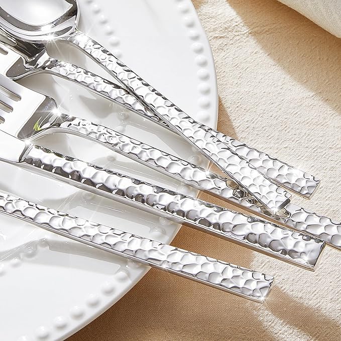 KINGSTONE 40 Piece Hammered Silverware Set, 18/10 Stainless Steel Flatware Set for 8, Cutlery Set for Home, Party, Wedding, Mirror Polished Dishwasher Safe