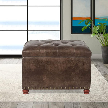 24'' Leather Ottoman with Storage Rectangle Foot Rest Ottomans Stool for Living Room(Brown,Leather Texture)