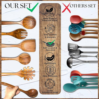 Wooden Spoons for Cooking - 8 Piece Natural Teak Kitchen Utensil Set Non Toxic - Teak Wooden Utensils with Spoon Rest and Holder