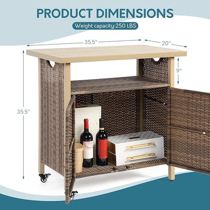 Outdoor Indoor Storage Cabinet with Rolling Wheels, Patio Serving Cart with Bar Table and Wicker Cabinet, Kitchen Island Prep Table, Beige