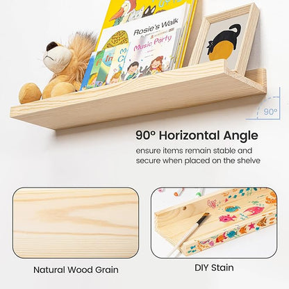 Picture Ledge Shelf for Wall, 36 inches Solid Pine Wood Nursery Book Shelves 3 Packs, Floating Ledge Shelves for Kids' Room Bedroom Bathroom Living Room Photo Frames Office Nursey Wall Decor, Natural