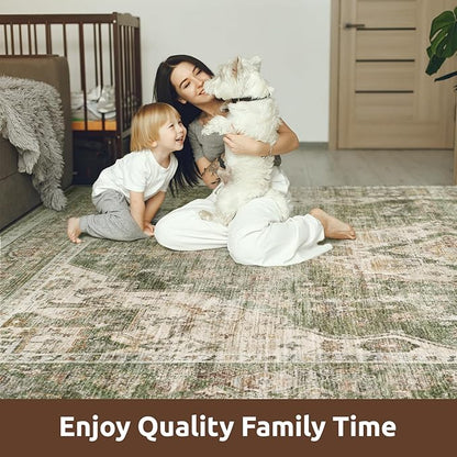 AMOAMI Vintage Soft Green Area Rug - 9x12, Non-Slip, Washable for Living Room, Bedroom, Dining Room, Office