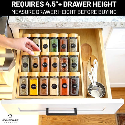 Extra Sturdy 3-Tier Bamboo Spice Rack – 12" W x 10" D x 13" H – Foldable Non-Slip Wooden Spice Organizer for Countertop, Cabinet & Drawer – Includes Labels, Funnel & Hooks – Spice Jars NOT Included