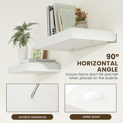 Deep Floating Shelves, 24''W x 12''D Floating Shelves White Set of 2, 12 Inch Deep Large Wood Shelves for Books Living Room Bathroom Laundry Room Bedroom Kitchen Home Office - White