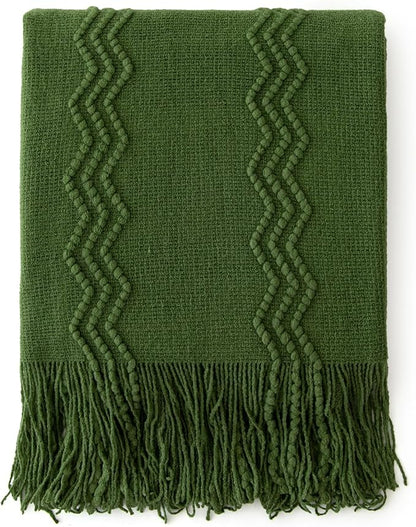 MIULEE Olive Green Knitted Throw Blanket for Couch Boho Textured Cozy Woven Blanket with Tassels for Sofa Chair Bed Living Room Spring Acrylic Wave Pattern 50"x60"