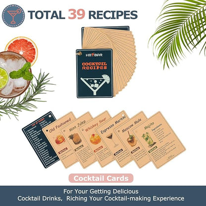 HMYBAR® Mixology Bartender kit | Cocktail Shaker Set | Boston Shaker Set, 20/28 OZ | Martini Making Set for Home Bar.Total 31 pcs incl 39-Recipe Cocktail Cards. Silver Tools. Bamb Stand Natural Color