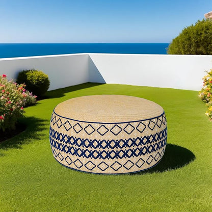 Outdoor Inflatable Ottoman with Air Pump, Embroidery Patio Footrest Stool D21”x H9”, Round Pouf Ottoman with Portable Handle Suitable for Garden, Camping, Bedroom, Living Room