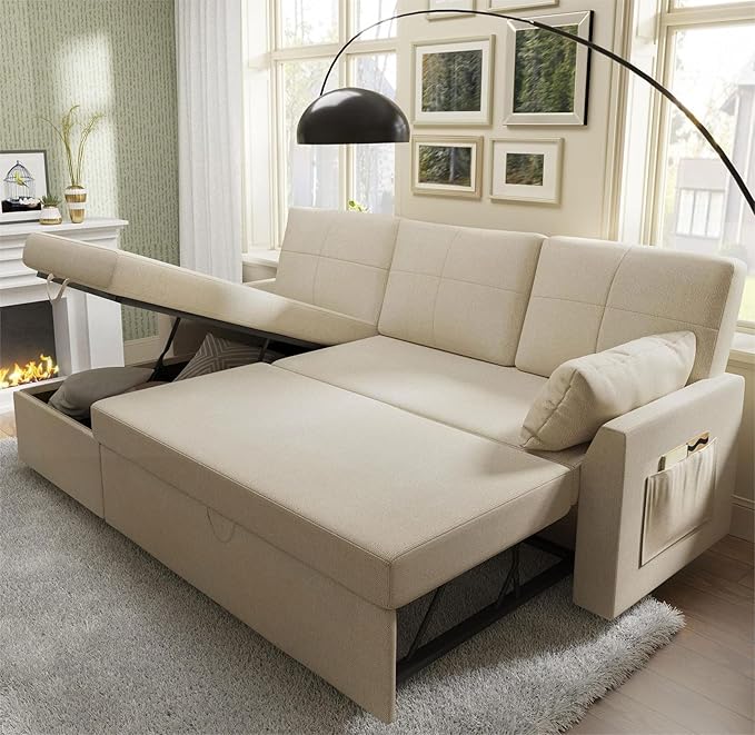 VanAcc Sleeper Sofa, Sofa Bed- 2 in 1 Pull Out Couch Bed with Storage Chaise for Living Room, Comfy Sleeper Couch, Beige Chenille