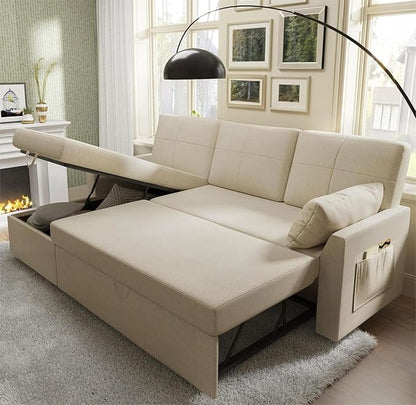 VanAcc Sleeper Sofa, Sofa Bed- 2 in 1 Pull Out Couch Bed with Storage Chaise for Living Room, Comfy Sleeper Couch, Beige Chenille