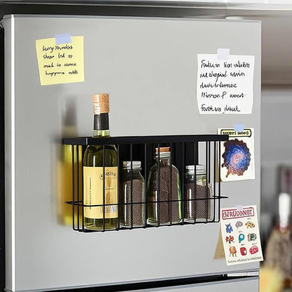 Magnetic Basket for Fridge, Magnetic Basket, Foil and Plastic Wrap Organizer with 4 Caddy Adhesive Stickers, Cabinet Storage Basket for Kitchen Wrap Food Bag Storage, Black, 2 Pack