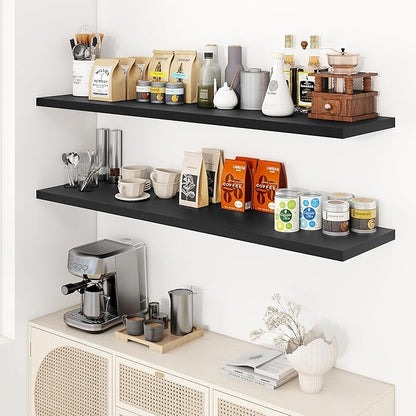 55" Floating Shelves for Wall, 12" Deep Slim Black Floating Shelves, Wall-Mounted Shelves for Bedroom, Living Room, Kitchen, Bathroom - Set of 2