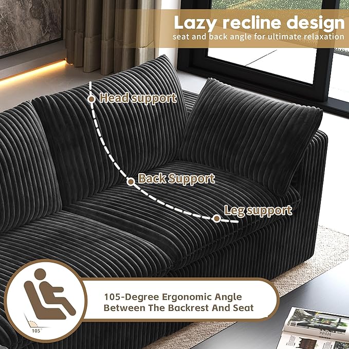 157.5" 4-Seater Cloud Sofa,Modular Sectional Couch,Modern Deep Seat Upholstered Couches with Plush Corduroy Fabric for Living Room Furniture,Bedroom and Apartment,No Assembly Required,Black