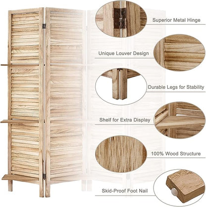 Room Divider with Shelves, Privacy Screen, Room Dividers and Folding Privacy Screens, 4 Panel Wood Temporary Wall Partition Separation Separator, Natural