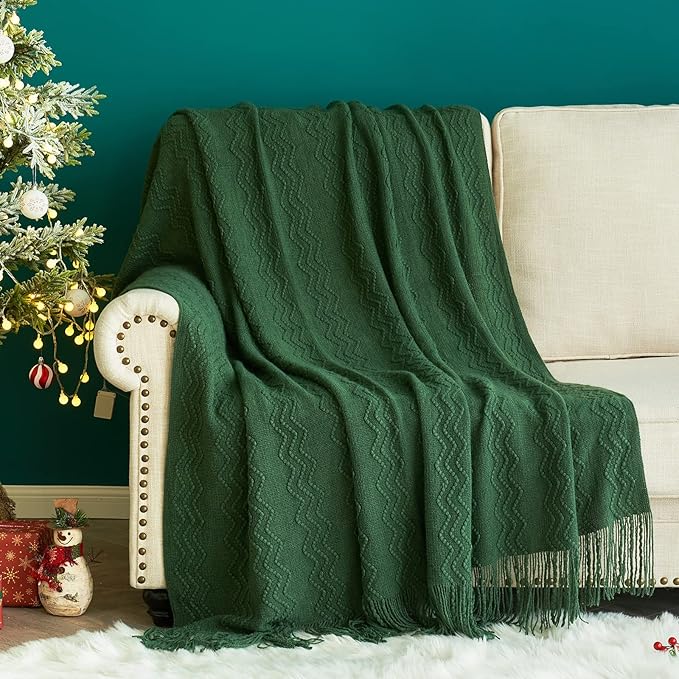 MIULEE Dark Green Knitted Throw Blanket for Couch Boho Textured Cozy Woven Blanket with Tassels for Sofa Chair Bed Living Room Acrylic Wave Pattern 50"x60"