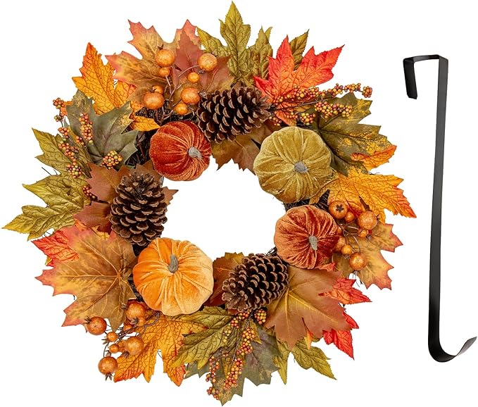 Fall Wreaths for Front Door 16'' Autumn Velvet Pumpkin Wreath with Metal Hook Harvest Maple Wreath Fall Decoration for Home Halloween Thanksgiving Decoration, Briful