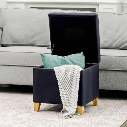 Adeco Fabric Storage Ottoman Bench with Solid Wood Legs, 17.7" Square Dark Grey Cotton Linen Cube Foot Stool, Upholstered Button Tufted Vanity Chair with Hinged Lid for Living Room, Bedroom, Dorm