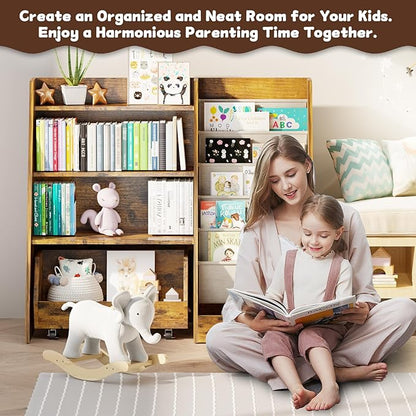 COZPAW Kids Bookshelf and Toy Storage, 4 Tier Toddler Bookshelf with Movable Drawer 5 Sling Pockets, Montessori Book Shelf for Kids Room, Playroom, Nursery (Brown)
