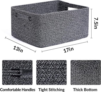 Large Storage Baskets for Shelves, Closet Organizers Bins for Clothes Blanket Towels, Baby Nursery, Toy Baskets Box, Woven Rope Baskets, 17 x 13 x 7.5”, 3 Packs Dark Gray