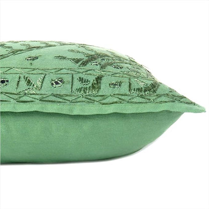 Eyes of India Embroidered Decorative Boho Throw Pillow Cover with Mirrors, Handmade Bohemian Accent Cushion Case for Sofa Couch Bedroom Living Room (Green, 24" x 24")