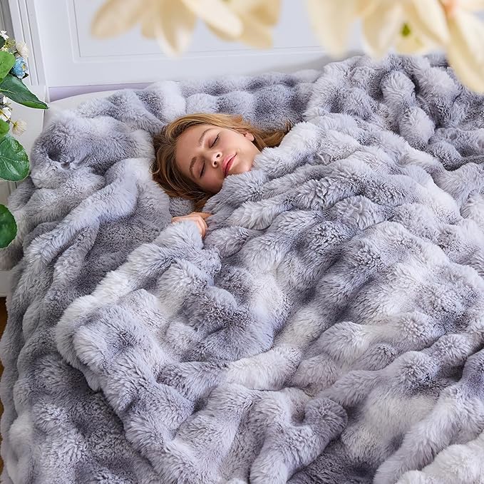 Lotus Karen Faux Fur Blanket Tie-Dye Gray - Big Bubble Rabbit Fluff King Throws for The Bed Large Fluffy Fuzzy Cozy Thick Furry Plush Shaggy Blankets for Men 108x90 Inches