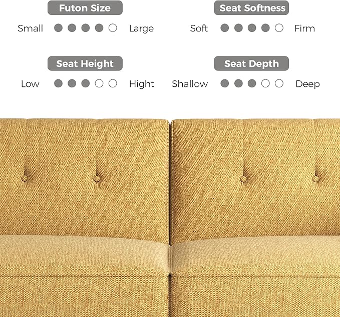89” Futon Sofa Bed, Linen Comfy Futon Couch Bed with 2 Square Pillows, Convertible Sleeper Sofa with Adjustable Backrest& Armrests, Modern Loveseat Sleeper for Living Room, Bedroom, Yellow