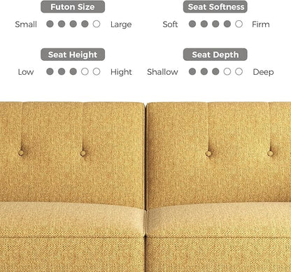 89” Futon Sofa Bed, Linen Comfy Futon Couch Bed with 2 Square Pillows, Convertible Sleeper Sofa with Adjustable Backrest& Armrests, Modern Loveseat Sleeper for Living Room, Bedroom, Yellow