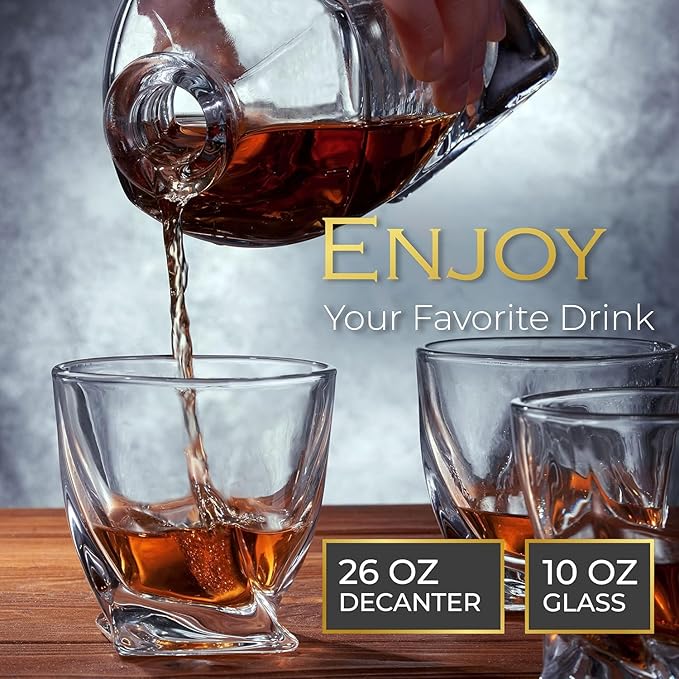 Whiskey Decanter Set for Men with 4 Drinking Glasses for Cognac, Bourbon, Rum, Scotch, Liquor Crystal Clear Decanter Sets House Warming Gifts New Home Whiskey Gifts for Men Dad Him