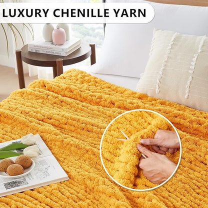 L'AGRATY Chunky Knit Blanket Throw - Soft Chunky Throw Blanket 30x40: 100% Hand Kintted Chenile Crochet Throw Blanket for Couch - Large Cable Knit Chunky Blanket for Home Decor(Mustard Yellow)