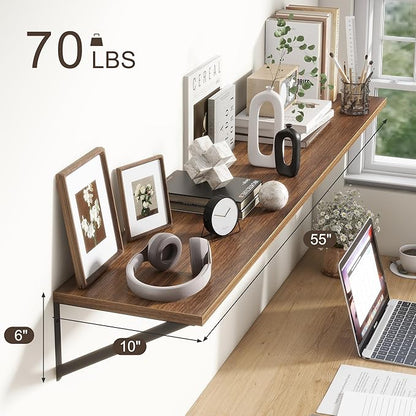 Floating Shelves 55 Inch Long, 10" Deep Floating Shelves, Walnut Wall Shelves 55 x 10, Set of 2, Wide Large Display Storage Shelves for Bathroom, Living Room, Rustic Wood Shelves with Brackets