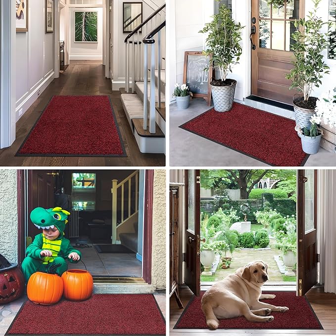 Mibao Front Door Mat, Dirt Trapper Welcome Mat for Outdoor Indoor, Non-Slip Waterproof Doormat, Durable Machine Washable Low Profile Entry Rug for Back Door Outside Patio Porch, 36" x 24", Red